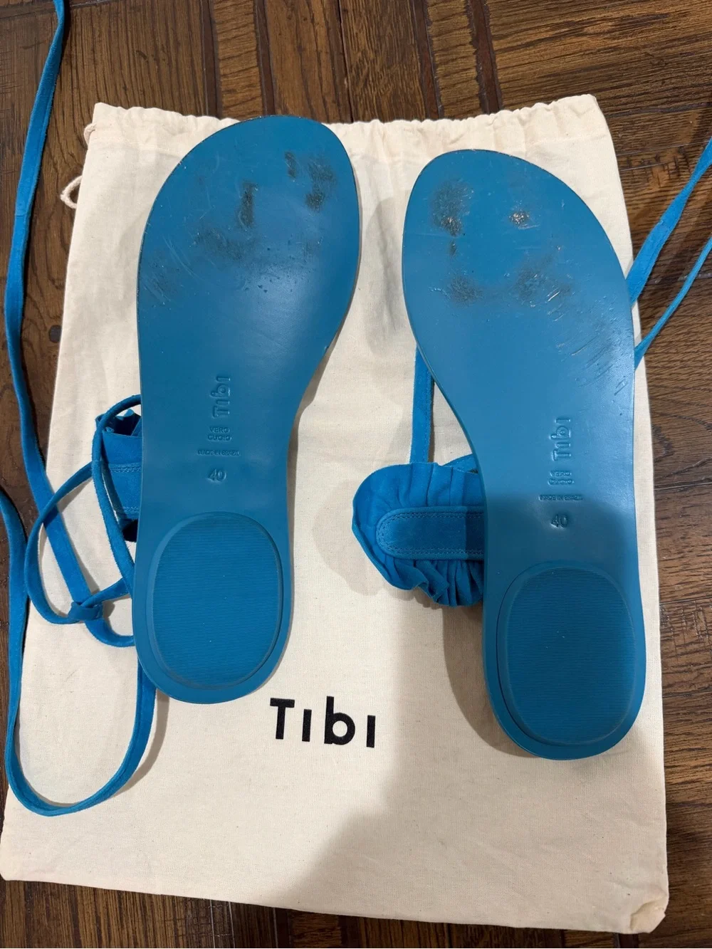 Tibi Amari Suede Sandal Azure Blue Lace-Up Flat Sz 40